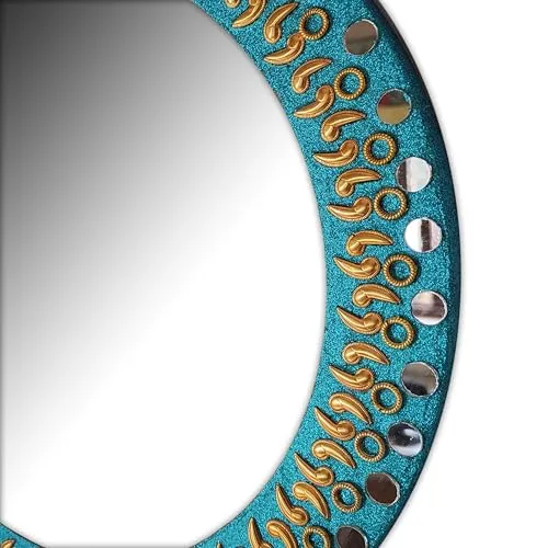 Explore India Crafts Round Wall Mirror - Round Mirror, Rustic Accent Mirror for Bathroom, Entry, Dining Room, & Living Room. Metal Round Mirror for Wall (Golden 2, 16" x 16")