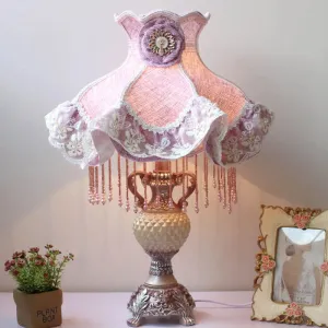 French Lace Trim Night Lamp Fabric Bedroom Table Light - Purple with Resin Vase Base, Single Bulb