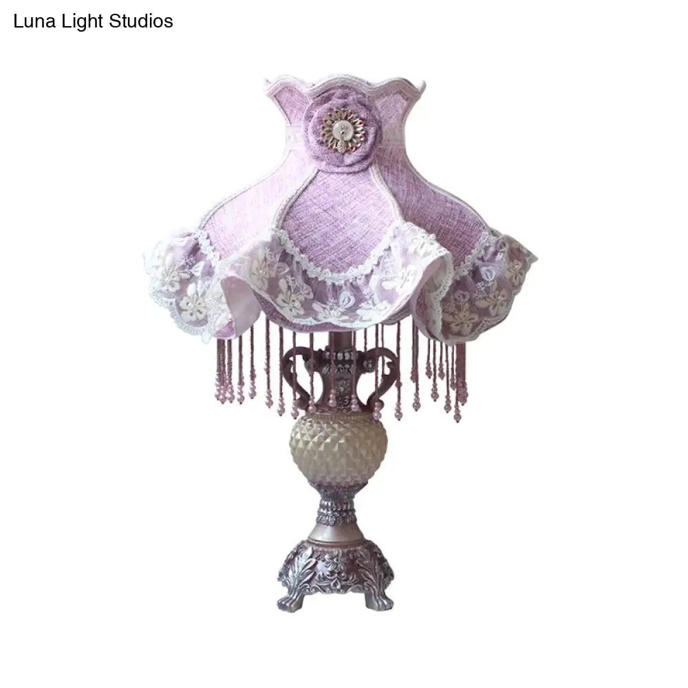 French Lace Trim Night Lamp Fabric Bedroom Table Light - Purple with Resin Vase Base, Single Bulb