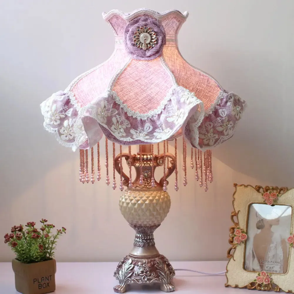 French Lace Trim Night Lamp Fabric Bedroom Table Light - Purple with Resin Vase Base, Single Bulb