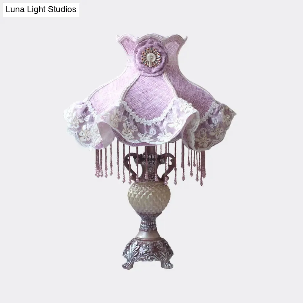 French Lace Trim Night Lamp Fabric Bedroom Table Light - Purple with Resin Vase Base, Single Bulb