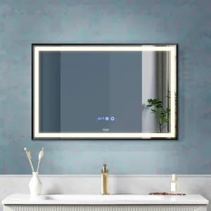 Fuao Premium HD Smart Mirror for Walls with Anti-Fog Function, Time-Temperature Display and Adjustable Brightness 3-Tone LED Lighting| 100% Silver Coating, Anodized Aluminium Frame Black120*70CM