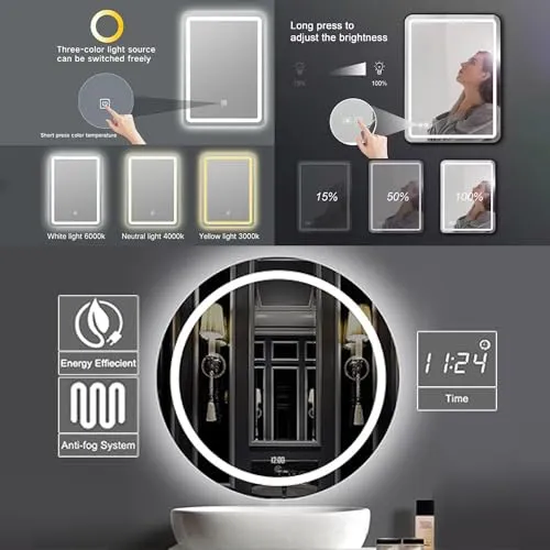 Fuao Premium HD Smart Mirror for Walls with Anti-Fog Function, Time-Temperature Display and Adjustable Brightness 3-Tone LED Lighting| 100% Silver Coating, Anodized Aluminium Frame Black120*70CM
