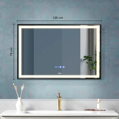 Fuao Premium HD Smart Mirror for Walls with Anti-Fog Function, Time-Temperature Display and Adjustable Brightness 3-Tone LED Lighting| 100% Silver Coating, Anodized Aluminium Frame Black120*70CM