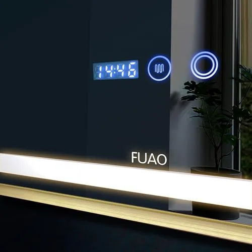 Fuao Premium HD Smart Mirror for Walls with Anti-Fog Function, Time-Temperature Display and Adjustable Brightness 3-Tone LED Lighting| 100% Silver Coating, Anodized Aluminium Frame Black120*70CM
