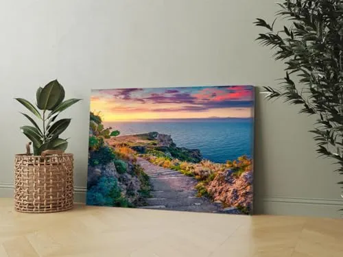 GADGETS WRAP Canvas Gallery Wrap Framed for Home Office Studio Living Room Decoration (17x11inch) - Footpath & Sea Sunset Scenery