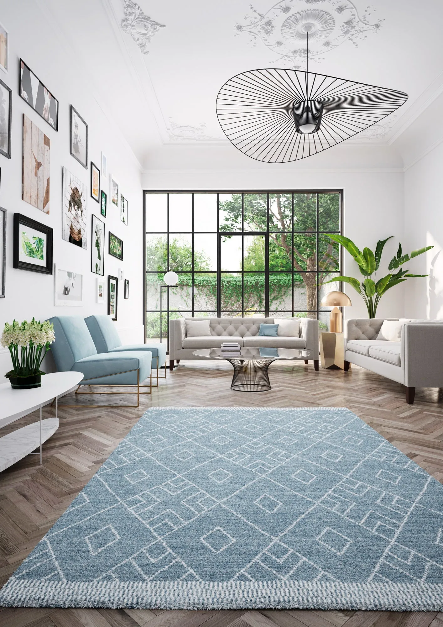 Marjan-Diamond/Rhombus Pattern Geometric Thick Soft Shaggy Rug (Blue/Ivory, 160x230cm)
