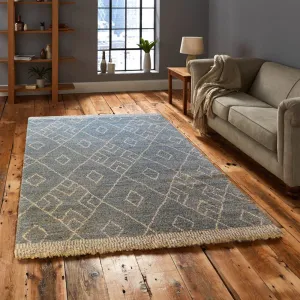 Marjan-Diamond/Rhombus Pattern Geometric Thick Soft Shaggy Rug (Blue/Ivory, 160x230cm)