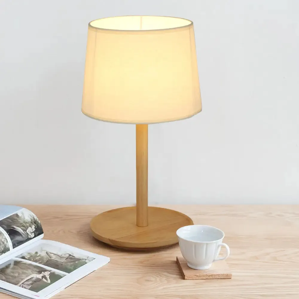 Marta - 1-Light Nordic Style Beige/Dark Brown Table Lamp with Tapered Fabric Shade and Wood Base - Ideal for Nightstands
