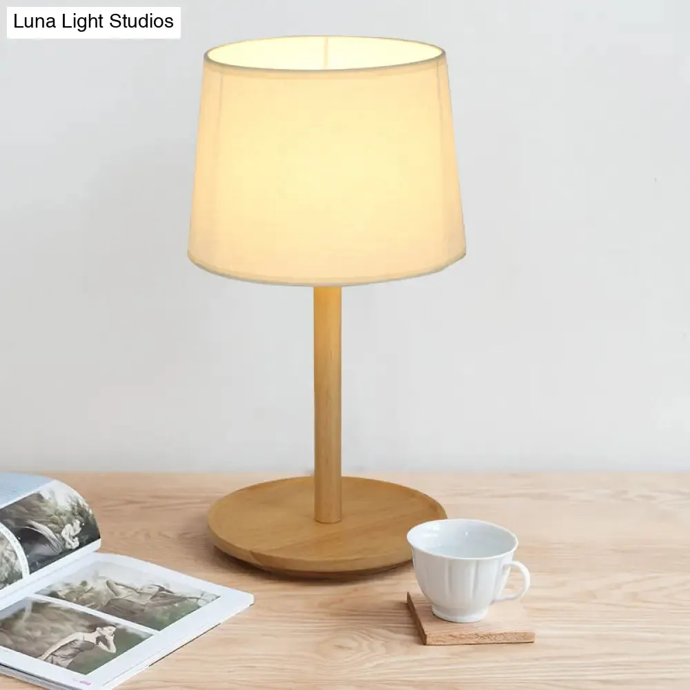 Marta - 1-Light Nordic Style Beige/Dark Brown Table Lamp with Tapered Fabric Shade and Wood Base - Ideal for Nightstands