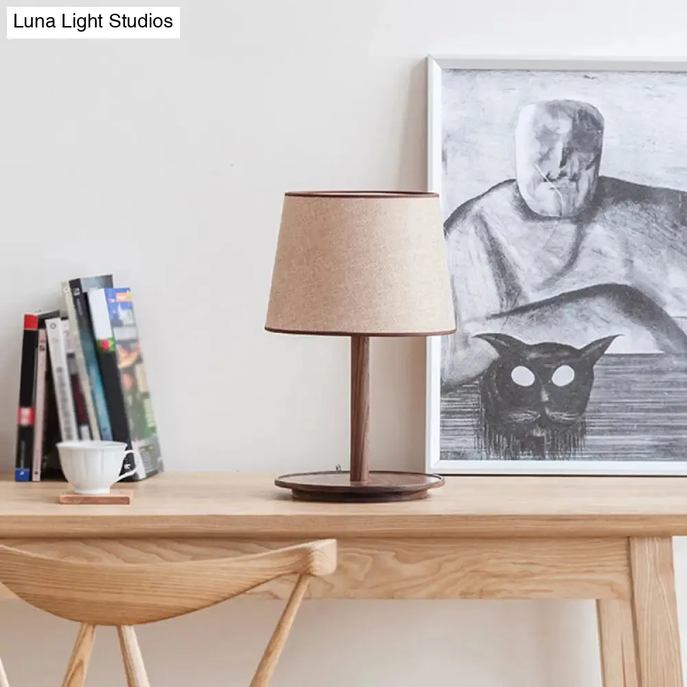 Marta - 1-Light Nordic Style Beige/Dark Brown Table Lamp with Tapered Fabric Shade and Wood Base - Ideal for Nightstands