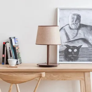 Marta - 1-Light Nordic Style Beige/Dark Brown Table Lamp with Tapered Fabric Shade and Wood Base - Ideal for Nightstands