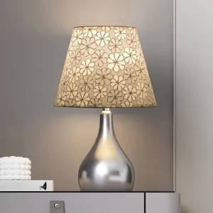 Mathilde - Conic Conic Table Light Modern Fabric 1 Light Grey Floral Patterned Night Lamp with Gourd Silver Metal Base