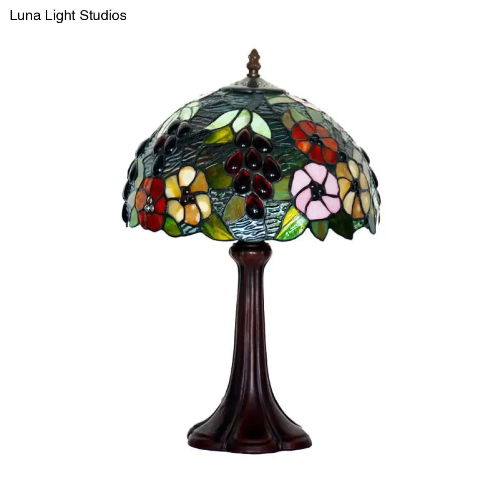 Melanie - Bronze Stained Textured Glass Bronze Night Lamp Dome Shade 1 Bulb Tiffany Table Lighting with Grape and Flower Pattern