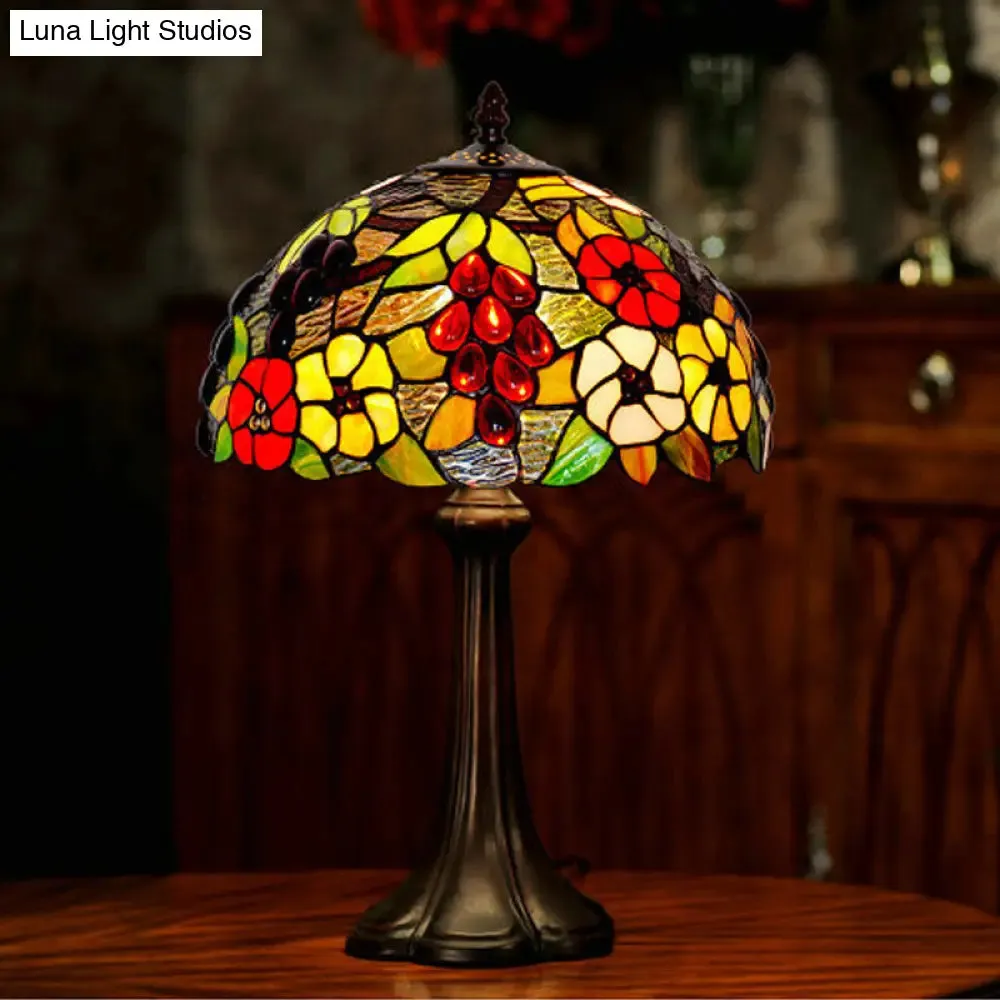 Melanie - Bronze Stained Textured Glass Bronze Night Lamp Dome Shade 1 Bulb Tiffany Table Lighting with Grape and Flower Pattern