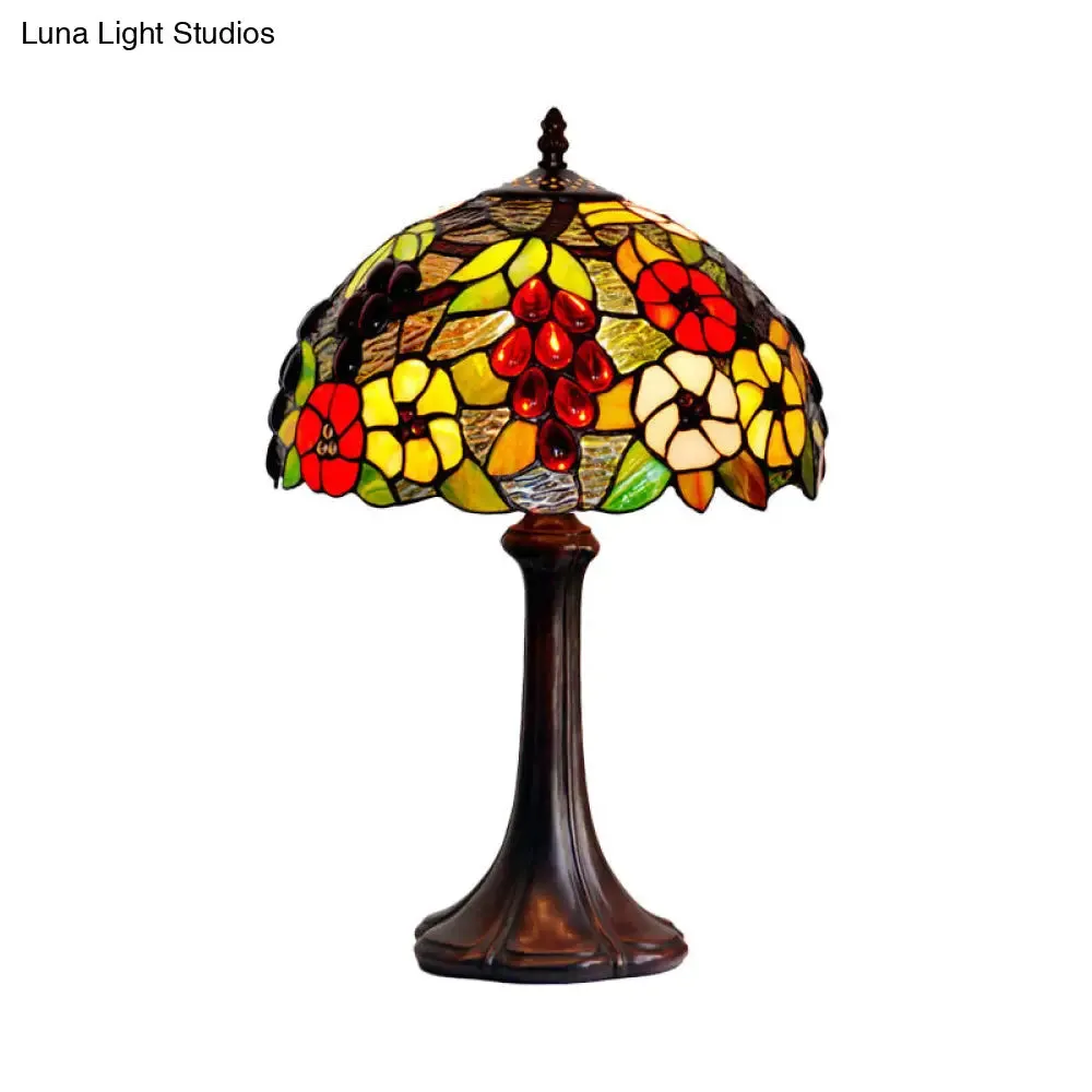 Melanie - Bronze Stained Textured Glass Bronze Night Lamp Dome Shade 1 Bulb Tiffany Table Lighting with Grape and Flower Pattern