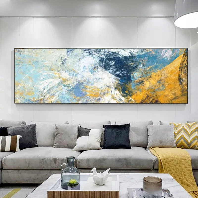 Modern Abstract Blue Yellow Color Splash Wall Art Fine Art Canvas Prints Wide Format Pictures For Above The Sofa Bedroom Art For Above The Bed