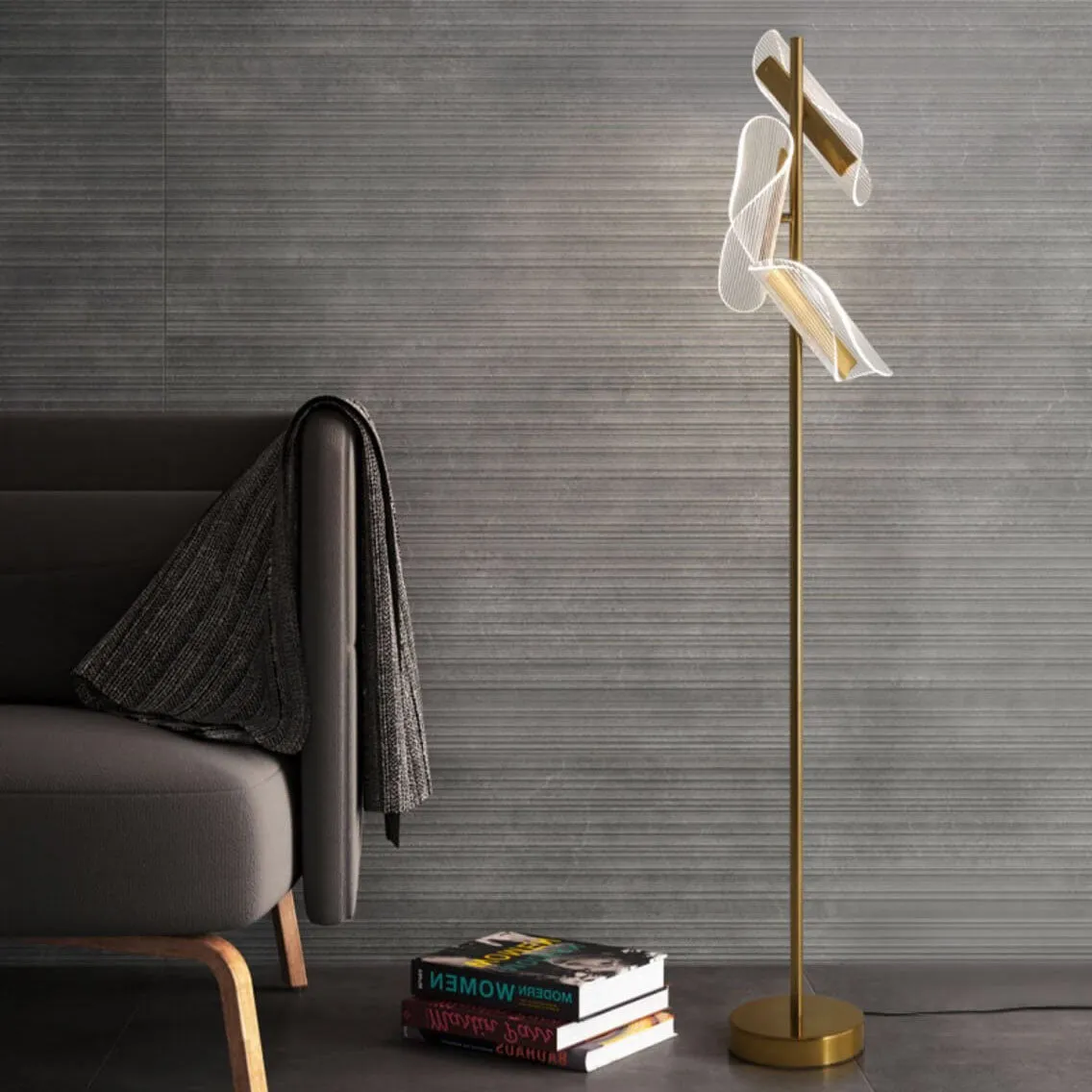 Modern Creative Gold-Finished Frame Acrylic Rotating Vane LED Standing Floor Lamp
