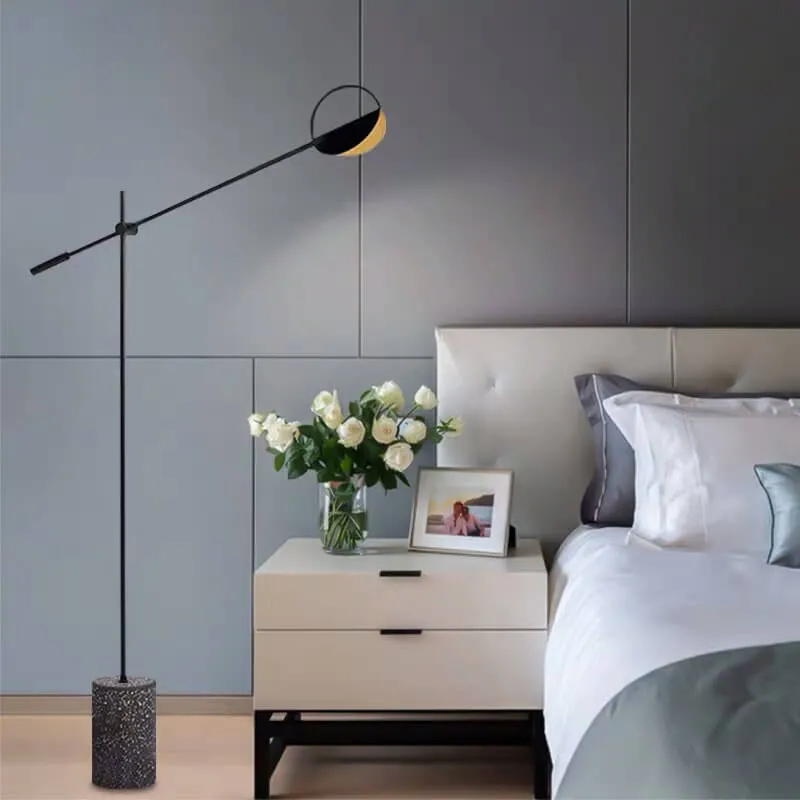 Modern Minimalist Long Arm Iron Terrazzo Base LED Standing Floor Lamp