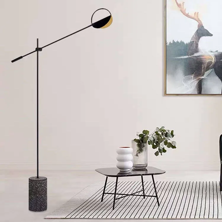 Modern Minimalist Long Arm Iron Terrazzo Base LED Standing Floor Lamp