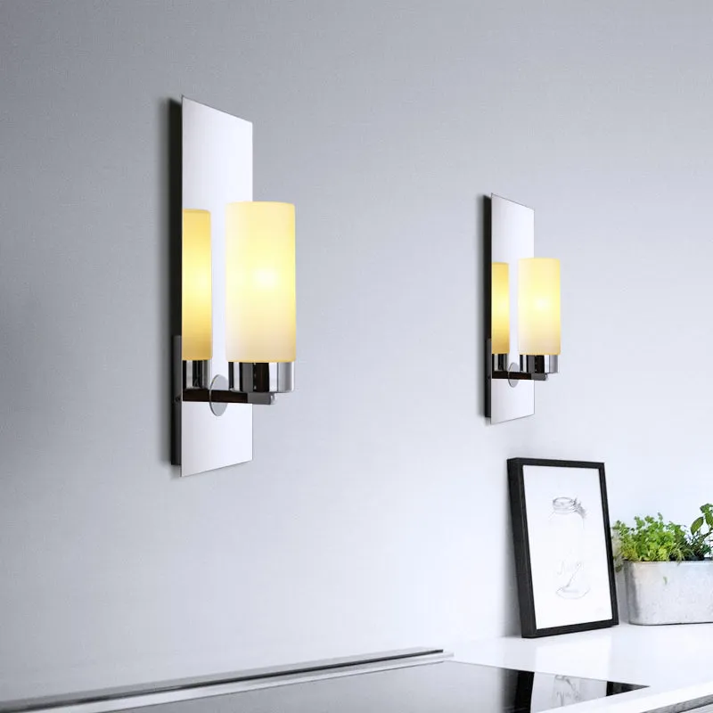 Modern Opal Glass Tube Wall Sconce Light with Chrome Finish and Metal Backplate
