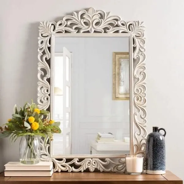 MUSKAN ARTS Solid Wooden HandCarved Decorative Wall Mirror Frame Without Mirror for Living Room, Bedroom, Bathroom, Home, Hotel, White (120L x 60W CM)