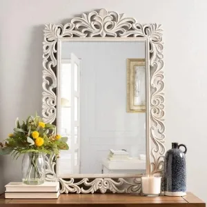 MUSKAN ARTS Solid Wooden HandCarved Decorative Wall Mirror Frame Without Mirror for Living Room, Bedroom, Bathroom, Home, Hotel, White (120L x 60W CM)