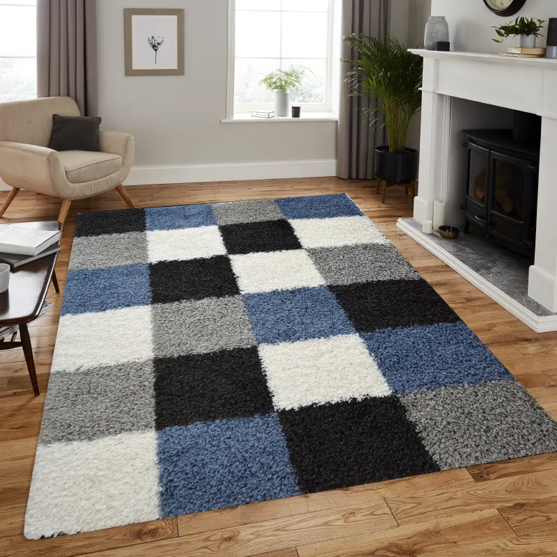 Navy Blue Checked Thick Shaggy Rug - California