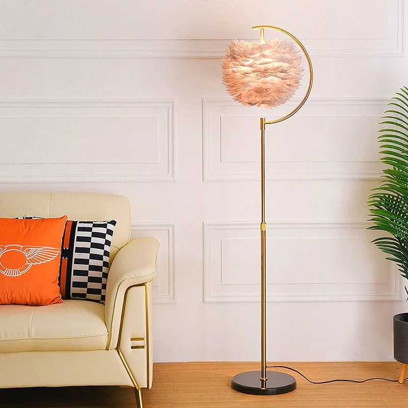 Nordic Feather Ball Shade Floor Lamp with Adjustable Height and Wooden Tray