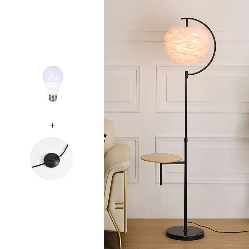 Nordic Feather Ball Shade Floor Lamp with Adjustable Height and Wooden Tray