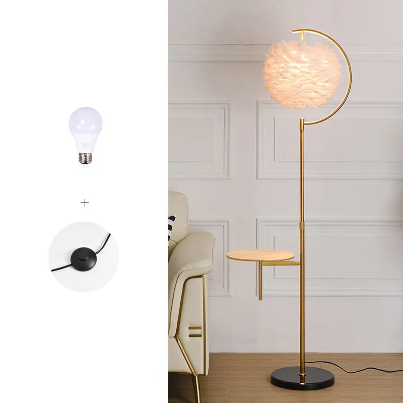 Nordic Feather Ball Shade Floor Lamp with Adjustable Height and Wooden Tray
