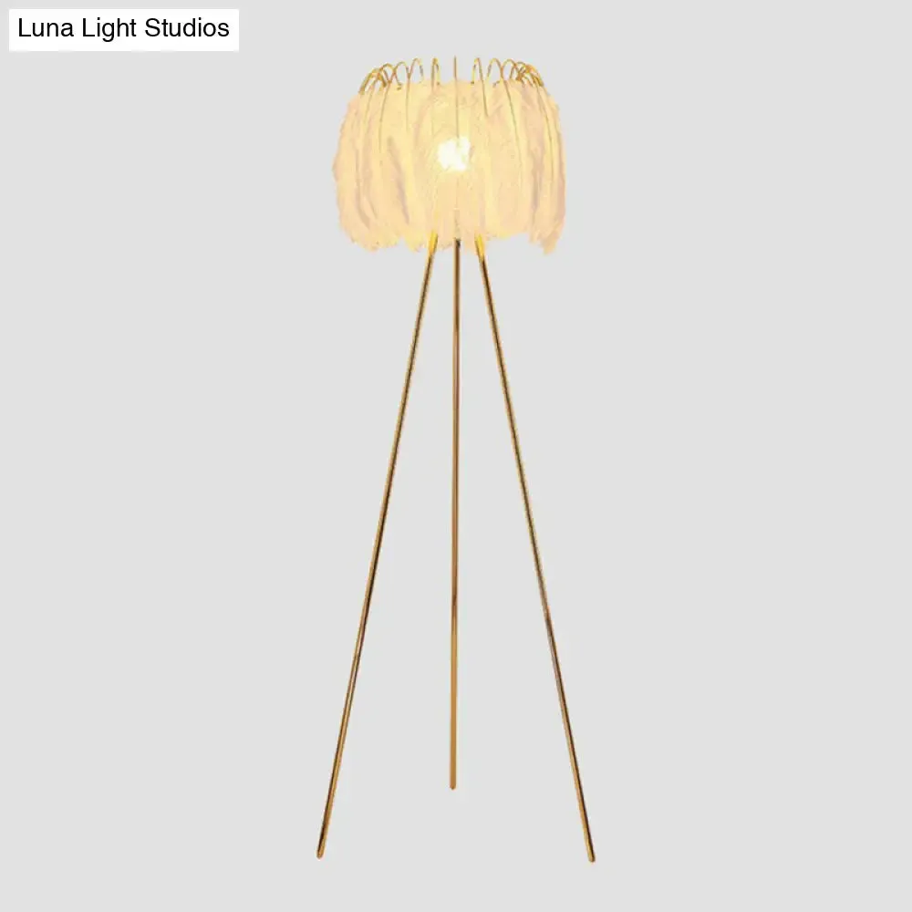 Nordic Style Tripod Floor Lamp with Feather Shade, Metal Stand, White