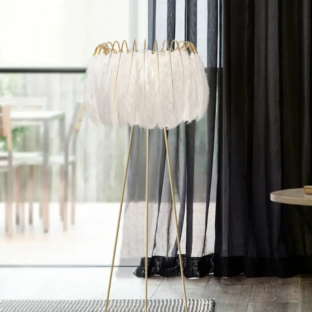 Nordic Style Tripod Floor Lamp with Feather Shade, Metal Stand, White