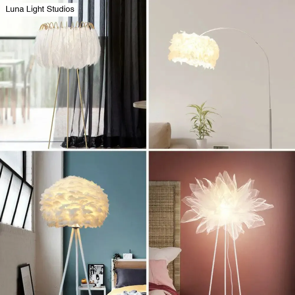 Nordic Style Tripod Floor Lamp with Feather Shade, Metal Stand, White