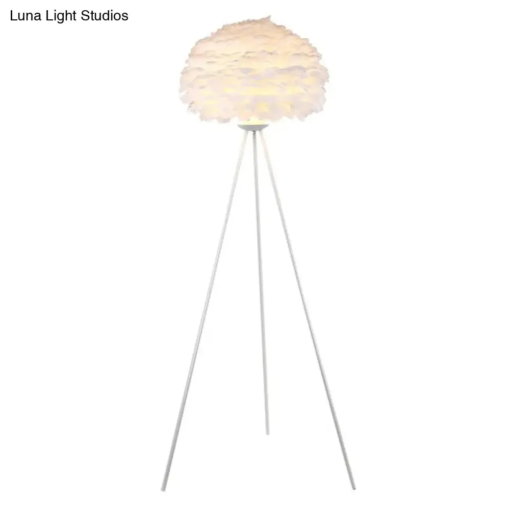 Nordic Style Tripod Floor Lamp with Feather Shade, Metal Stand, White