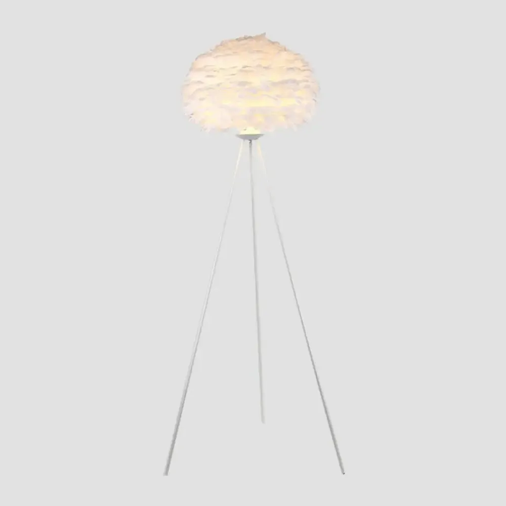 Nordic Style Tripod Floor Lamp with Feather Shade, Metal Stand, White