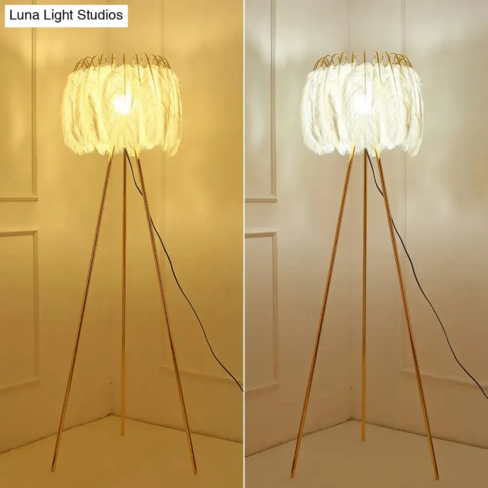 Post-Modern Gold Tripod Floor Lamp - Feather Design, 1 Bulb - Ideal for Living Room