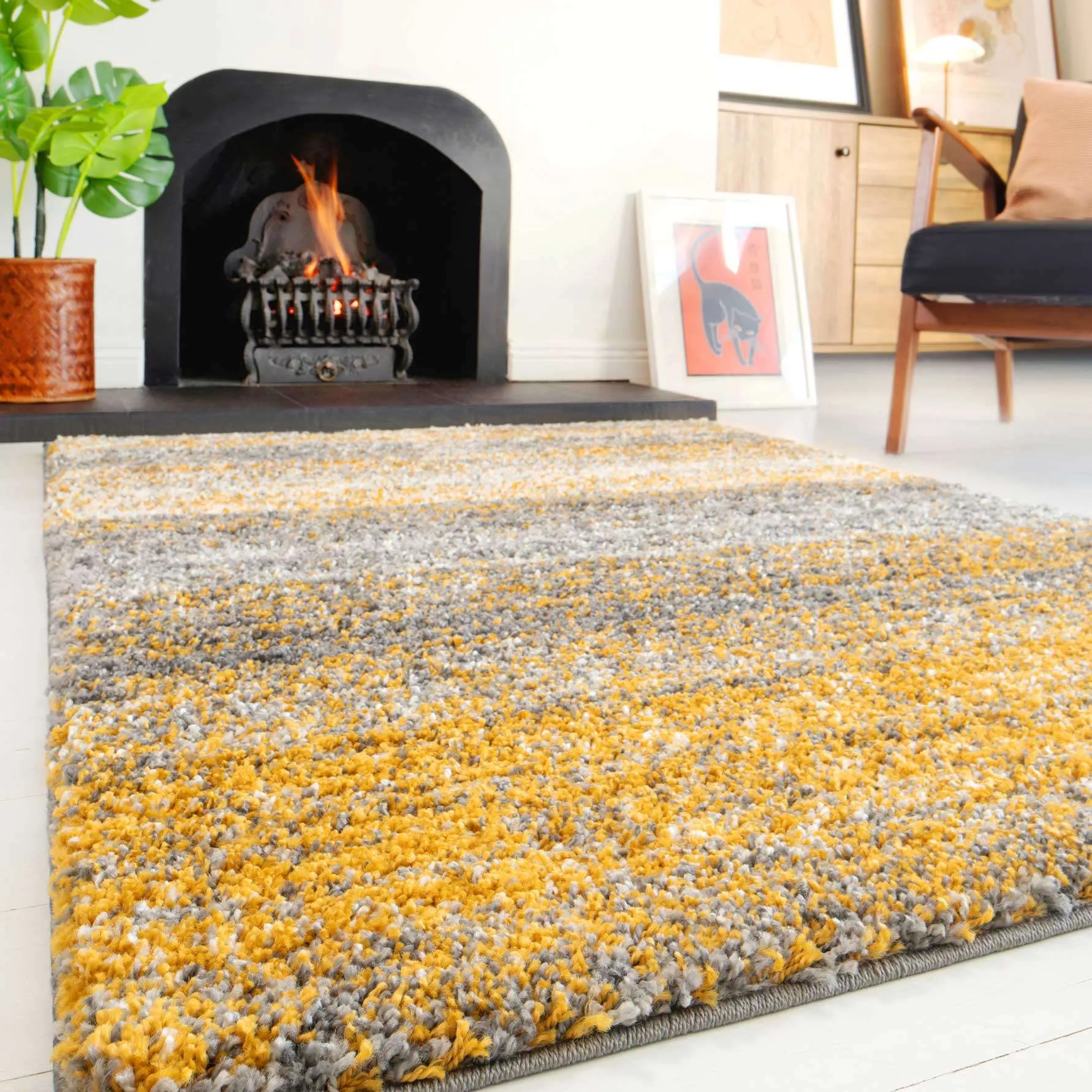 Premium Cosy Ochre Striped Shaggy Rug