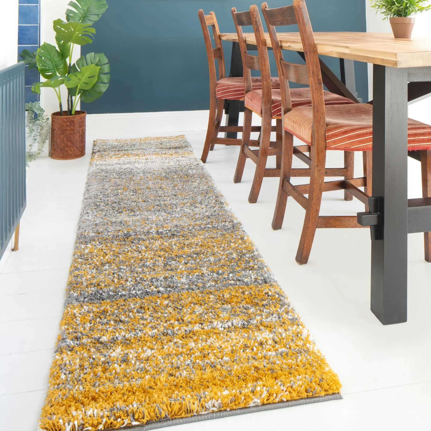 Premium Cosy Ochre Striped Shaggy Rug
