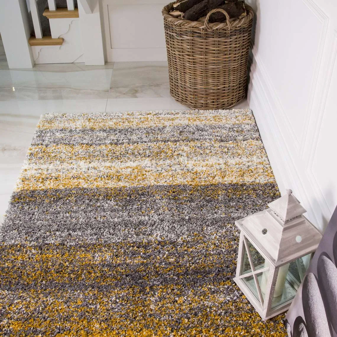 Premium Cosy Ochre Striped Shaggy Rug