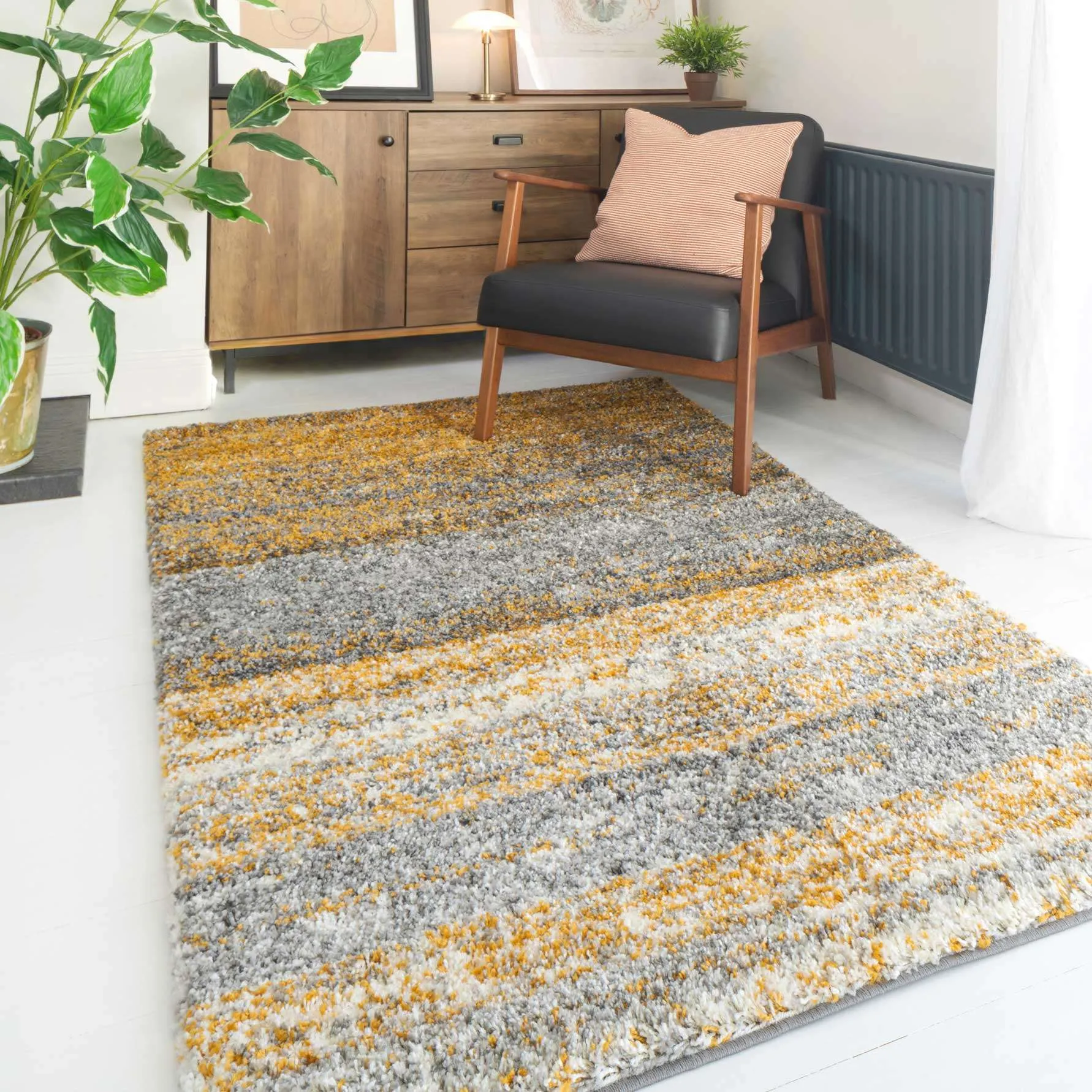Premium Cosy Ochre Striped Shaggy Rug