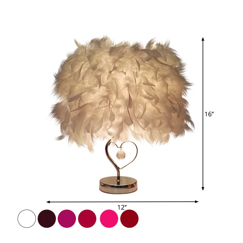 Riley - Modern Modern Single Nightstand Lamp Red/White/Pink Bucket Shaped Table Light with Feather Shade and Crystal Drop