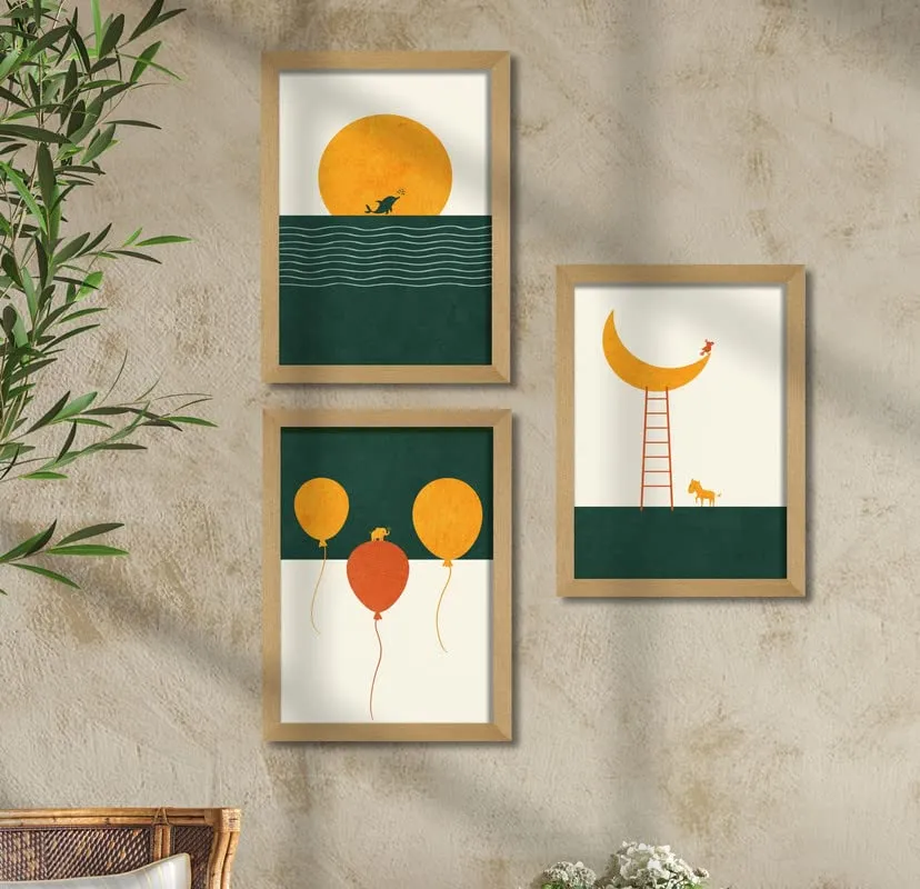 SAF paintings Set of 3 Abstract Flower Brown Frame painting for Wall Decoration,Home and Office OL-B70K3