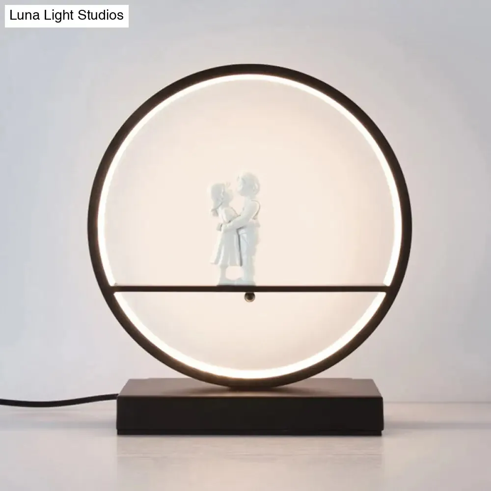 Simona - Romantic Black/White Hoop Nightstand Light Simple Romantic Acrylic Table Lamp in Warm/White Light with Lover Statuette