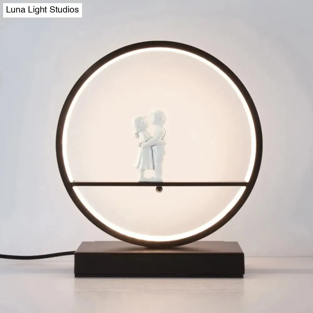 Simona - Romantic Black/White Hoop Nightstand Light Simple Romantic Acrylic Table Lamp in Warm/White Light with Lover Statuette