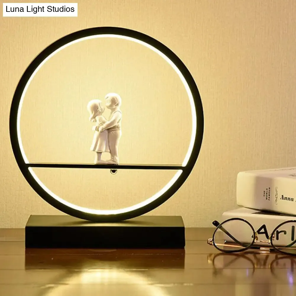 Simona - Romantic Black/White Hoop Nightstand Light Simple Romantic Acrylic Table Lamp in Warm/White Light with Lover Statuette