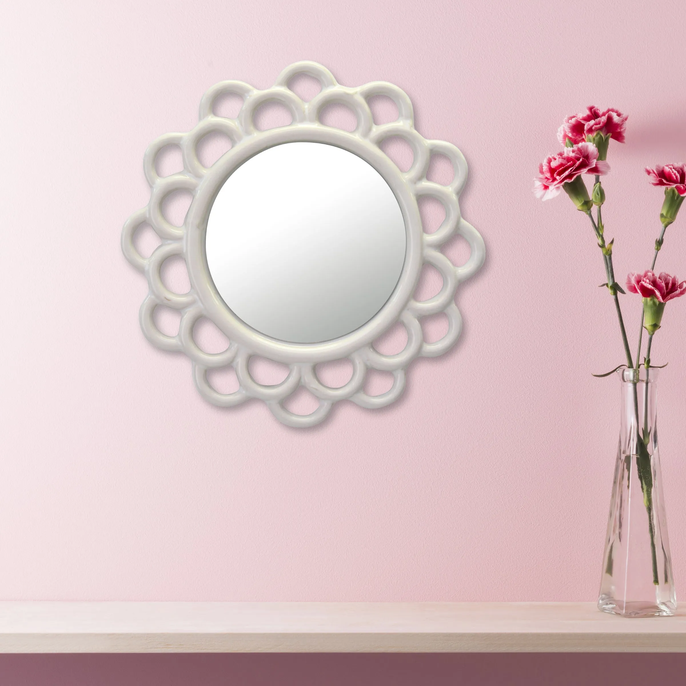 Stonebriar Decorative 9" Ivory Round Ceramic Cutout Accent Wall Mirror (WS)