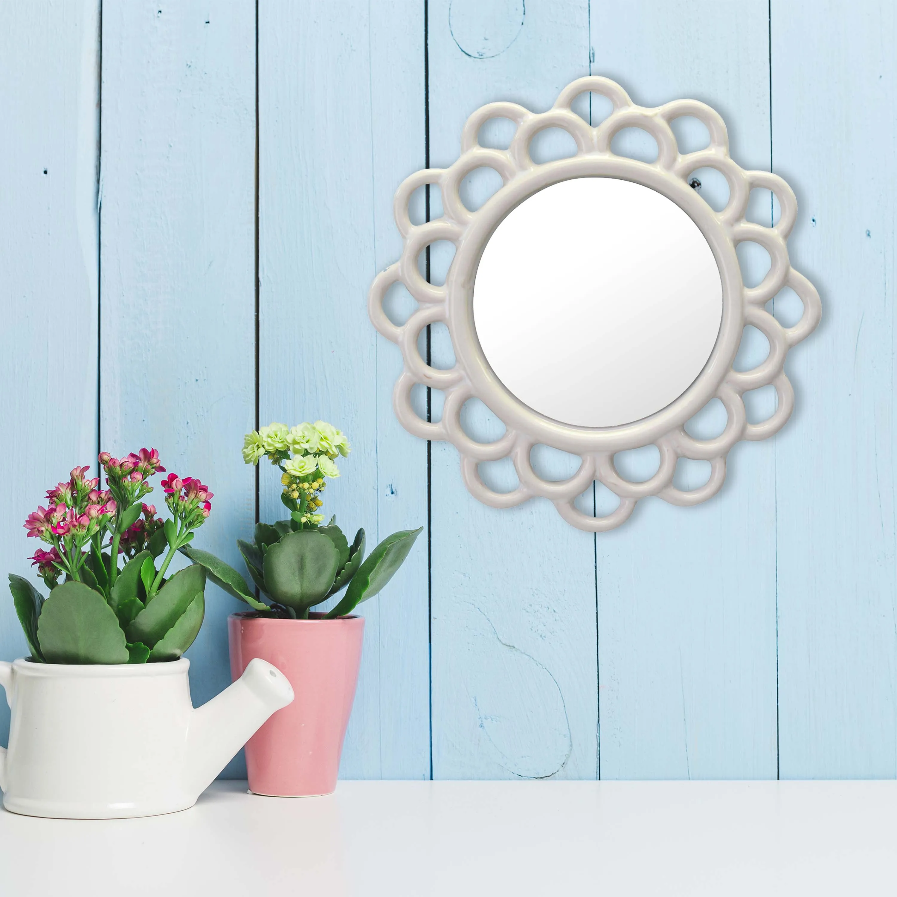Stonebriar Decorative 9" Ivory Round Ceramic Cutout Accent Wall Mirror (WS)