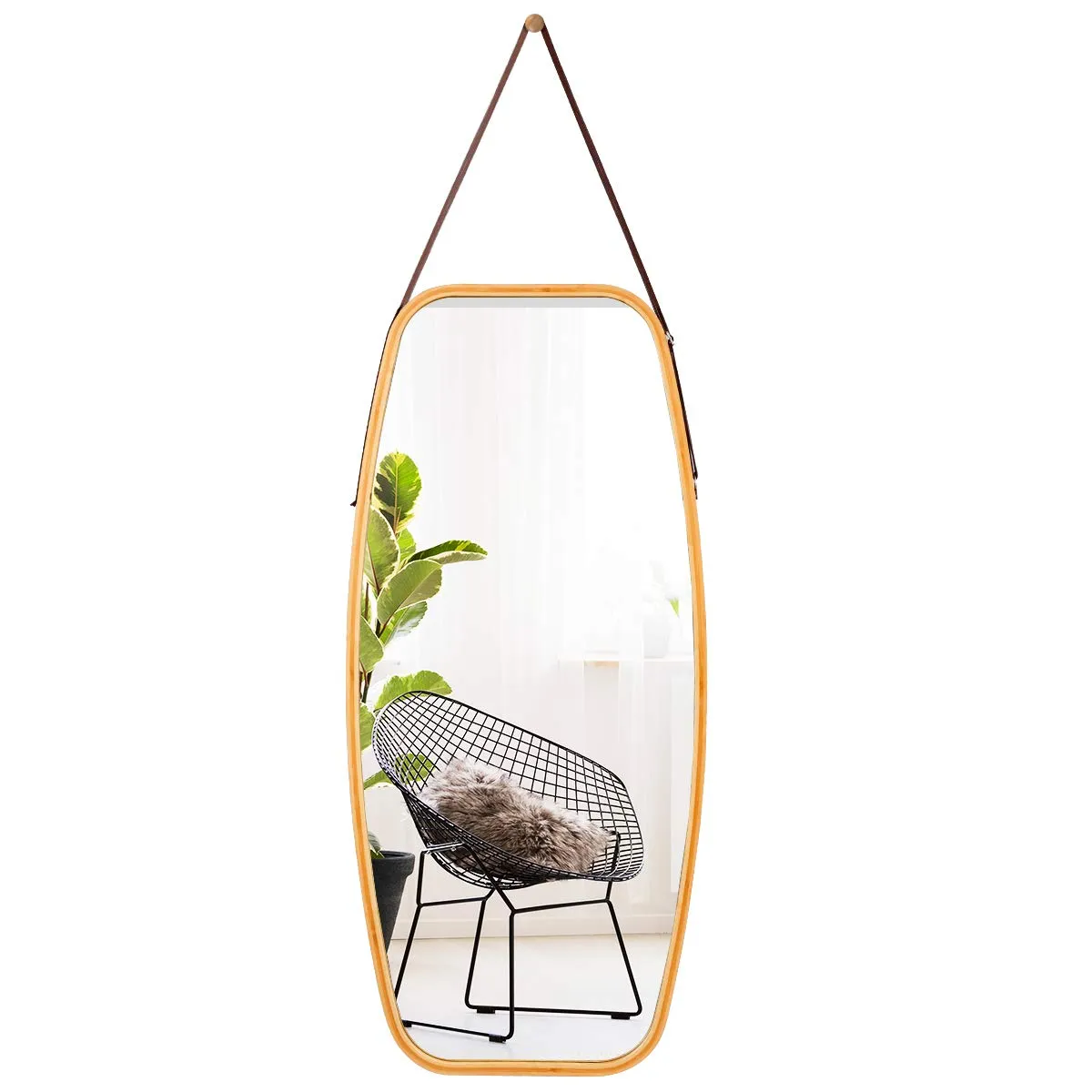 Tangkula Wall Hanging Mirror, Modern Rectangle Wall Bamboo Frame Mirror