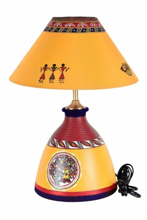 Tapered Shape Terracotta Warli Art Lamp (Yellow Red)